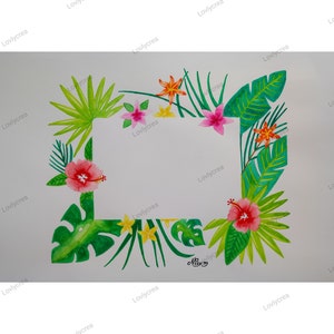 Cadre fleurs tropicales en peinture aquarelle, cadeau fête des mères, cadeau