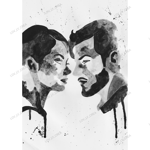 Portrait couple noir et blanc homme femme face à face à la peinture aquarelle, idée cadeau couple