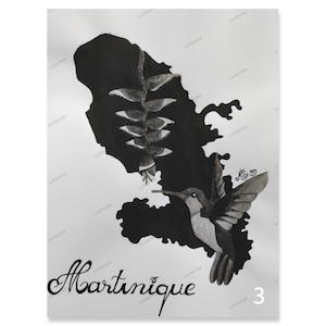 Affiche/poster de la Martinique en aquarelle noir et blanc, carte postale de la Martinique, idée cadeau original, décoration murale
