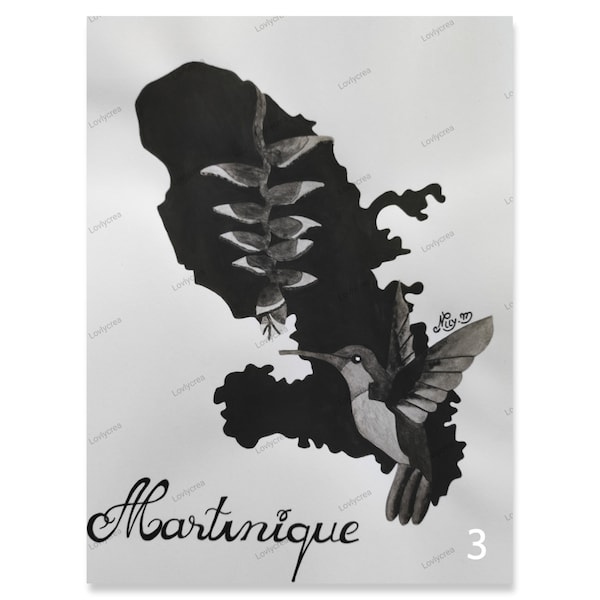 Affiche originale Martinique en aquarelle noir et blanc, poster, carte, impression, idée carte original, décoration murale