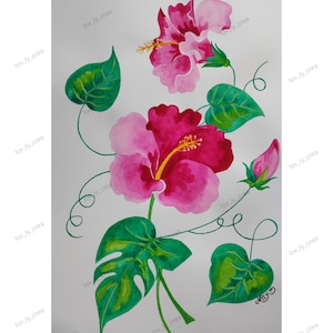 Illustration fleurs hibiscus, fleurs colorées en peinture aquarelle, impression, cadeau fête des mères, cadeau femme, cadeau