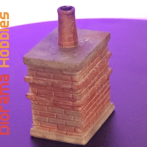May include: A miniature brick chimney with a brown clay chimney pot. The chimney is made of red brick and has a gray mortar. The chimney is on a purple surface.