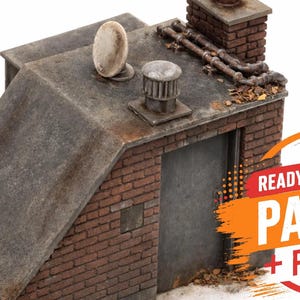 May include: A miniature brick building rooftop diorama piece featuring a gray slanted roof, a brick chimney, metallic pipes, a circular vent, and a door. The text Diorama Hobbies and READY FOR PAINT + PRIMER are visible on the image.