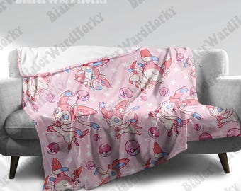 Sylveon Fleece Blanket: Fairy Type Evolution Soft Pastel Ribbons, Anime Style