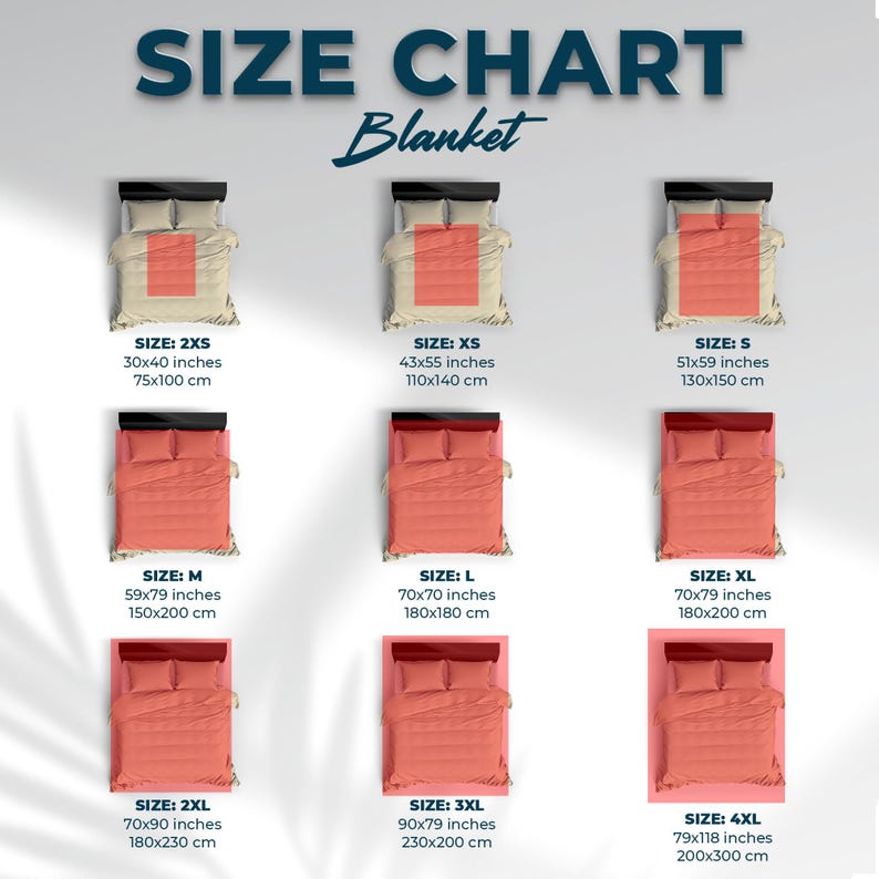 May include: A blanket size chart showing sizes from 2XS to 4XL. Each size is illustrated with a bed and dimensions in inches and centimetres. The text "SIZE CHART Blanket" is displayed at the top of the image.