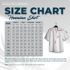 May include: Size chart for a Hawaiian shirt, with measurements in inches and centimeters. The chart includes sizes XS to 5XL, with length, bust, shoulder, and sleeve measurements. A white Hawaiian shirt hangs on a hanger.