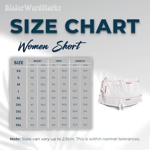 Puede incluir: Tabla de tallas para shorts de mujer, con medidas en cm y pulgadas. Incluye medidas de cintura, cadera y largo para tallas XS a 5XL. Se muestra un short blanco como referencia.