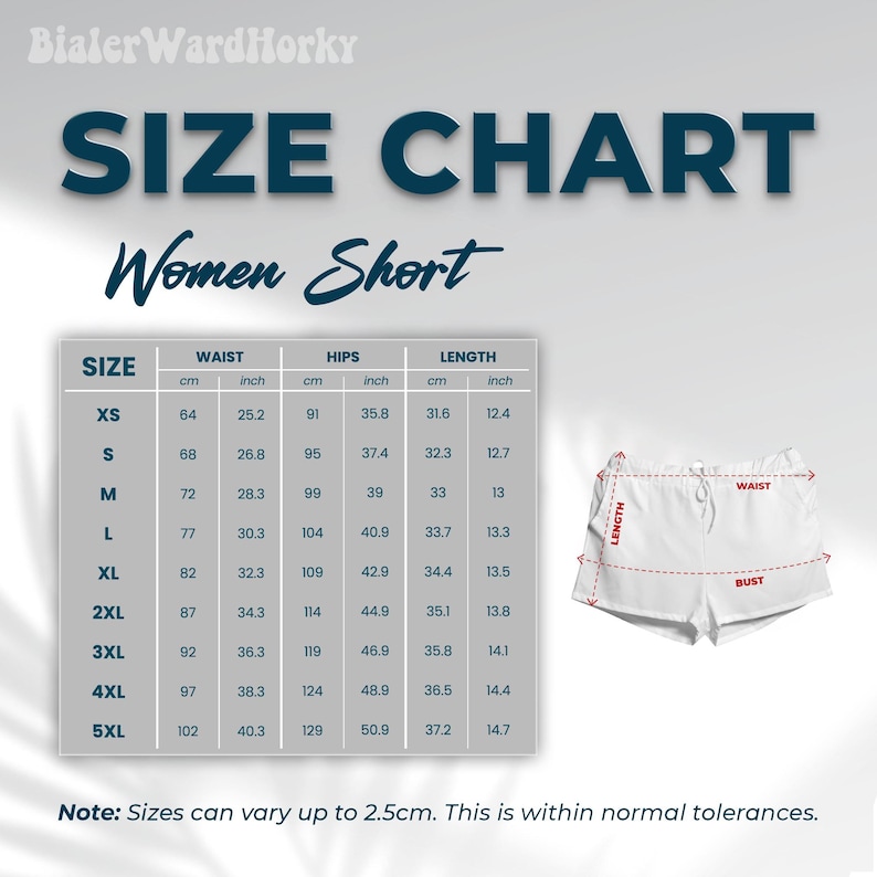 Puede incluir: Tabla de tallas para shorts de mujer, con medidas en cm y pulgadas. Incluye medidas de cintura, cadera y largo para tallas XS a 5XL. Se muestra un short blanco como referencia.