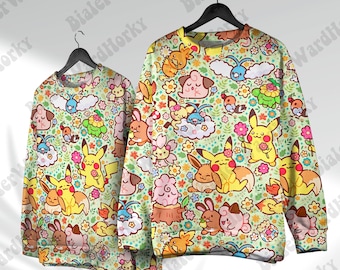 Sudadera con capucha de Anime Peaceful Meadow - Clefairy, Igglybuff, Fennekin, Torchic y Sentret - Sudadera de Anime - Fanáticos de los videojuegos