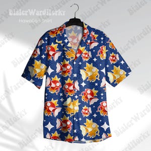 May include: A blue Hawaiian shirt with a repeating pattern of a red and yellow cartoon creature. The shirt has a button-up front and short sleeves. The text "Dialer Warditorky Hawaiian Shirt" is printed on the shirt.