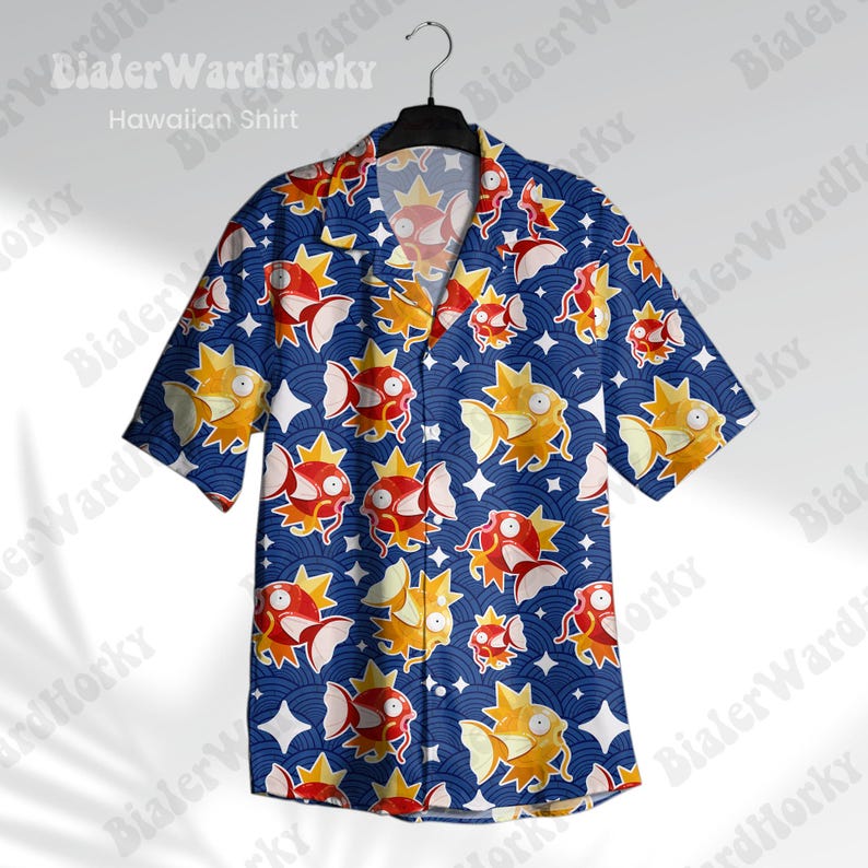 May include: A blue Hawaiian shirt with a repeating pattern of a red and yellow cartoon creature. The shirt has a button-up front and short sleeves. The text "Dialer Warditorky Hawaiian Shirt" is printed on the shirt.