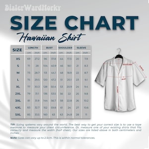 May include: Size chart for a Hawaiian shirt, with measurements in cm and inches. The chart includes sizes XS to 5XL, detailing length, bust, shoulder, and sleeve measurements. A white shirt hangs on a hanger.