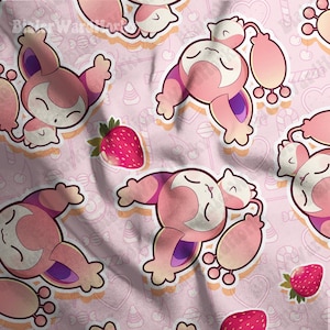 May include: A pink fabric featuring a repeating pattern of cartoon-style creatures with white and purple accents, along with strawberries and candy. The background is a light pink color with hearts and candy cane designs.