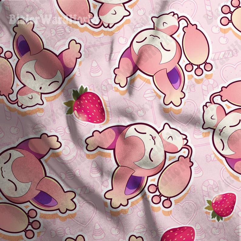 May include: A pink fabric featuring a repeating pattern of cartoon-style creatures with white and purple accents, along with strawberries and candy. The background is a light pink color with hearts and candy cane designs.