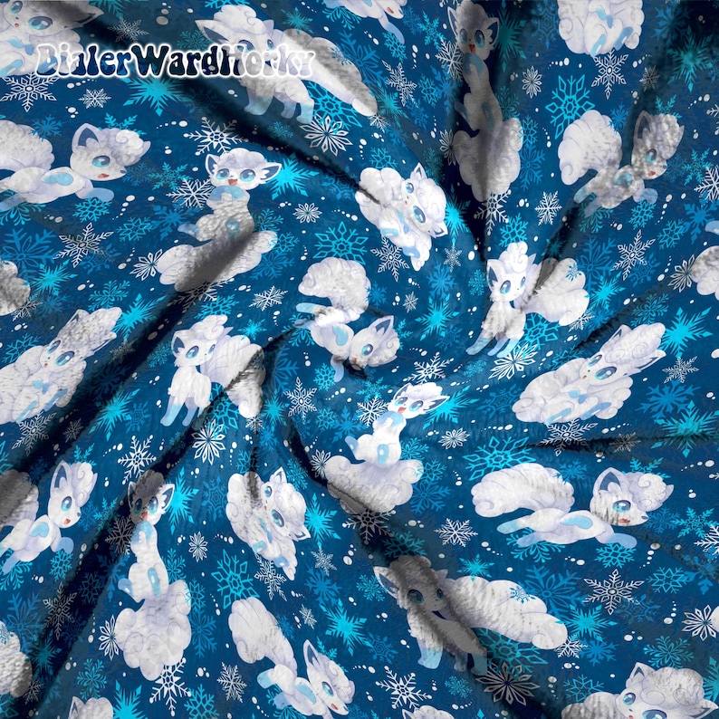 May include: A blue fabric featuring a repeating pattern of white cartoon foxes and snowflakes. The foxes have fluffy tails and ears, with blue accents. The snowflakes are in various shades of blue. The text "BillerWardhorker" is in the upper left corner.