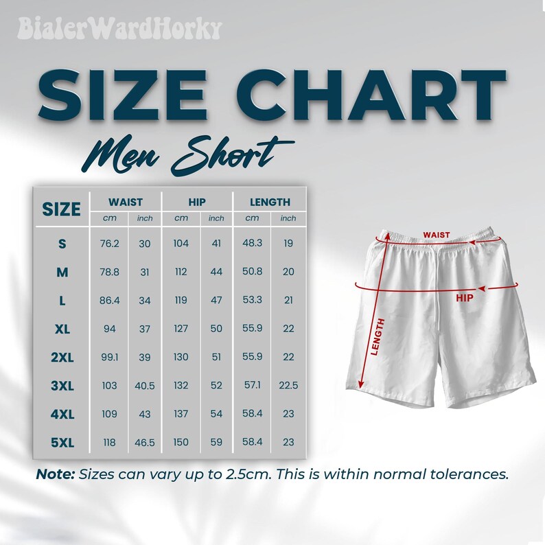 May include: White men's shorts with a drawstring waist are shown beside a size chart. The chart details measurements in cm and inches for waist, hip, and length, from size S to 5XL. The shorts' length is between 48.3cm and 58.4cm.