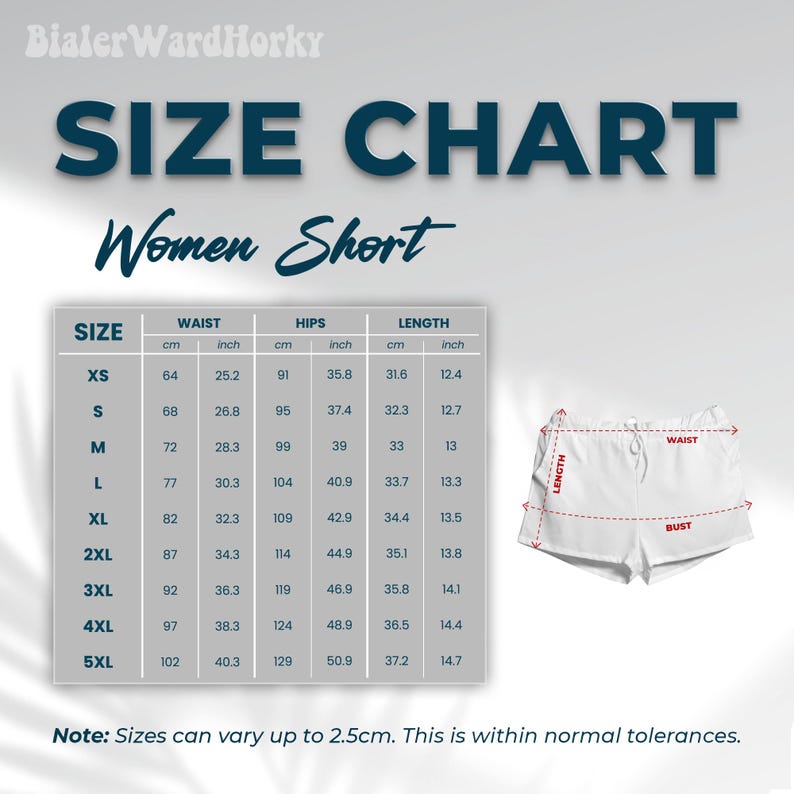 May include: Size chart for women's shorts, with waist, hips, and length measurements in cm and inches. The chart includes sizes XS to 5XL. A white pair of shorts is shown with labeled measurements.