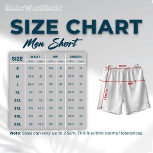 Puede incluir: Pantalones cortos blancos para hombre con cintura con cord&oacute;n, mostrados con una tabla de tallas. La tabla proporciona medidas en cm y pulgadas para cintura, cadera y largo, de la talla S a la 5XL.