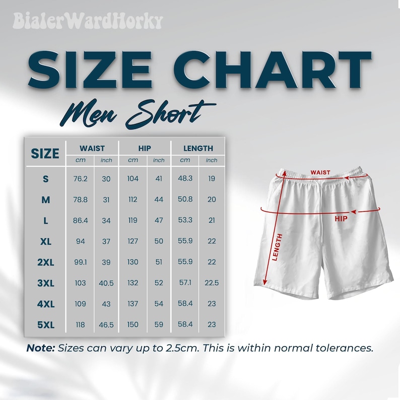 Puede incluir: Pantalones cortos blancos para hombre con cintura con cord&oacute;n, mostrados con una tabla de tallas. La tabla proporciona medidas en cm y pulgadas para cintura, cadera y largo, de la talla S a la 5XL.