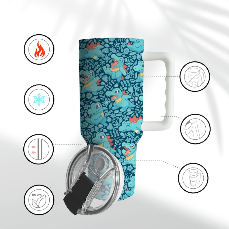 May include: A teal travel mug with a white handle and lid. The mug is decorated with a pattern of cartoon alligators and flowers. The lid is clear with a black slider. The mug has a capacity of approximately 887 ml.