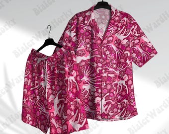 Xerneas Hawaiian Shirt Short - Mythical Forest Energy Anime Vibrant Pink Manga Video Game Gifts