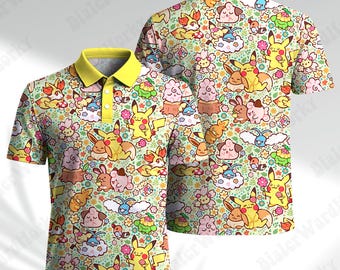 Friends Anime Polo Shirt Funny Clefairy, Buneary, Fennekin Manga Zip Polo Video Game Gifts