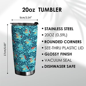 May include: A stainless steel 20oz (0.59L) tumbler with a blue alligator pattern. The tumbler is 17cm tall and 9cm wide. Features include rounded corners, a see-thru plastic lid, a glossy finish, and a vacuum seal. Dishwasher safe.