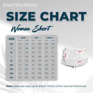 May include: Size chart for women's shorts, with waist, hips, and length measurements in inches and centimeters. The chart includes sizes XS to 5XL. A white pair of shorts is shown with labeled measurements.