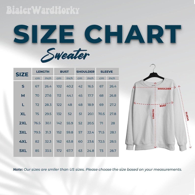 May include: A white sweater displayed on a hanger, with a size chart for reference. The chart provides measurements in inches and centimeters for length, bust, shoulder, and sleeve for sizes S to 5XL. The text "SIZE CHART Sweater" is at the top.