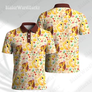 May include: A short-sleeve polo shirt with a brown collar and a three-button placket. The shirt features an all-over pattern on a light yellow background, displaying cartoon pangolins, sandcastles, anchors, beach umbrellas, and yellow rings.