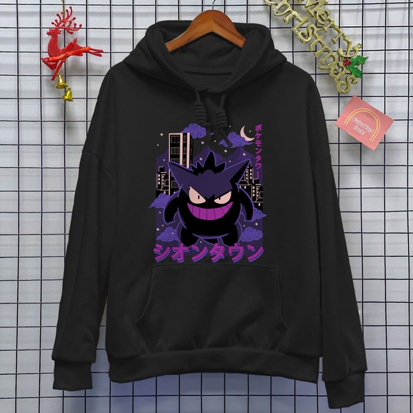 Gengar Black Hoodie Shirt Unisex Monster Ghost Hoodie Novelty Tee Shirt Kaiju Themed Shirts Gengar Gift Japanese Anime Shirt