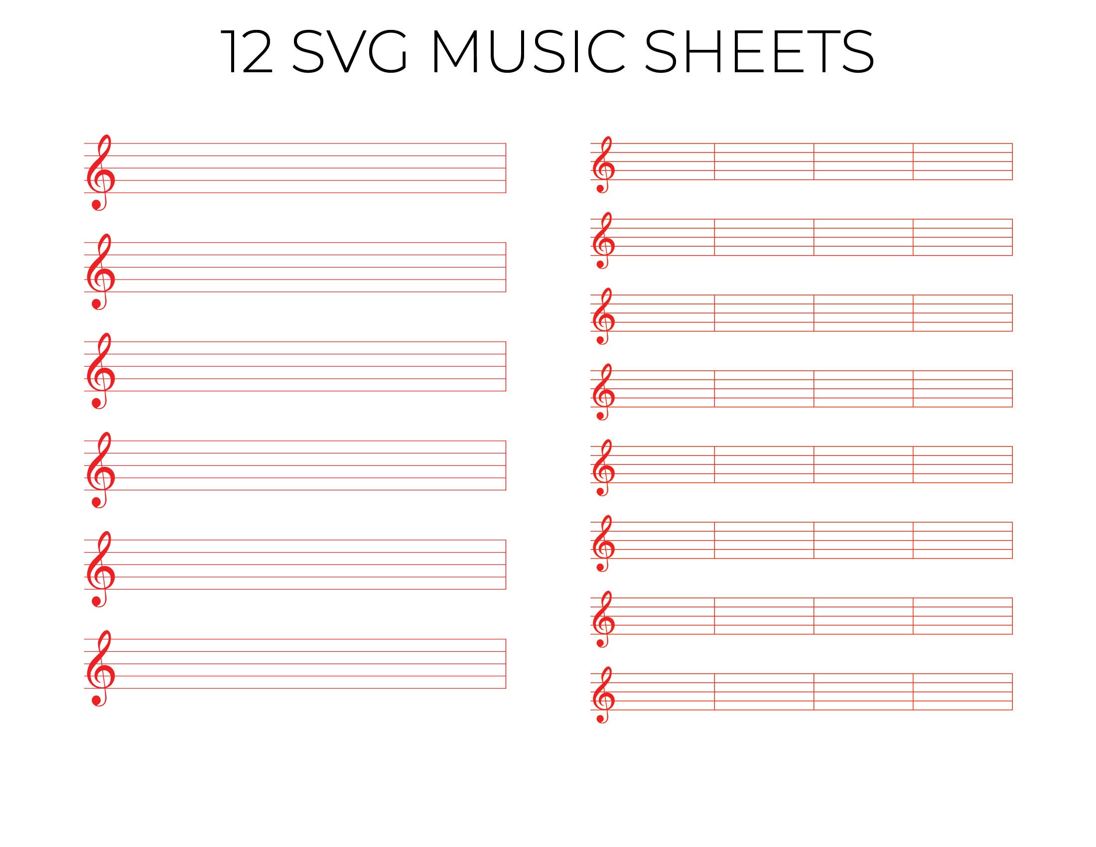 12 SVG Music Papers Sheet Templates Piano Grandstaff Voice Guitar Tab