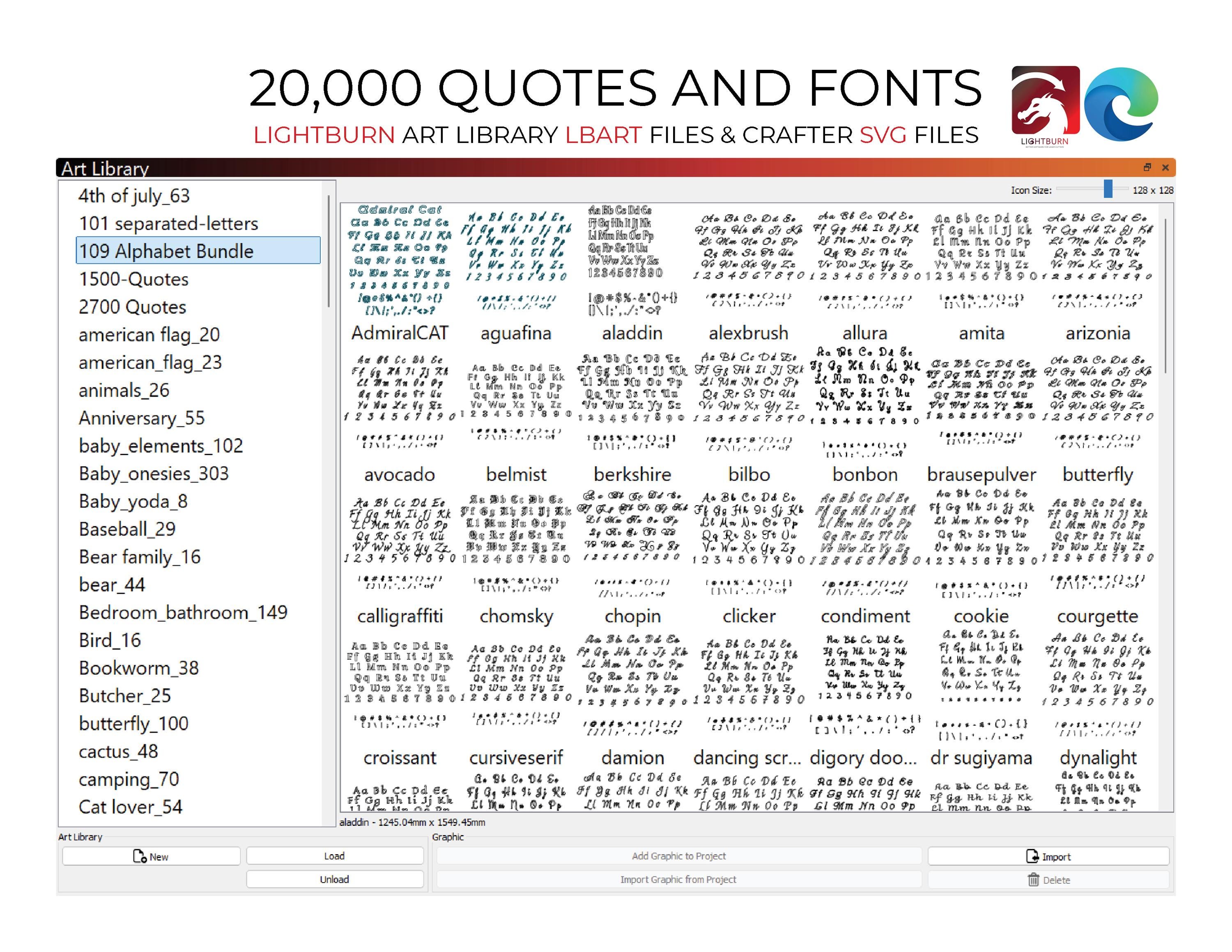 20K Quotes and Crafter Fonts SVG and Lightburn Art Library LBART Files | 72 Categories for Laser Engrave and Crafter Projects.