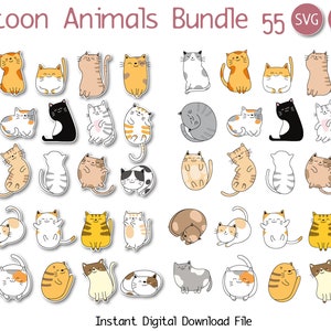 Adorable paquete de 55 pegatinas de dibujos animados de gatos para parachoques de coche de niños, portátiles, hojas de calcomanías troqueladas SVG PNG - Decoración divertida de la habitación, manualidades Cricut