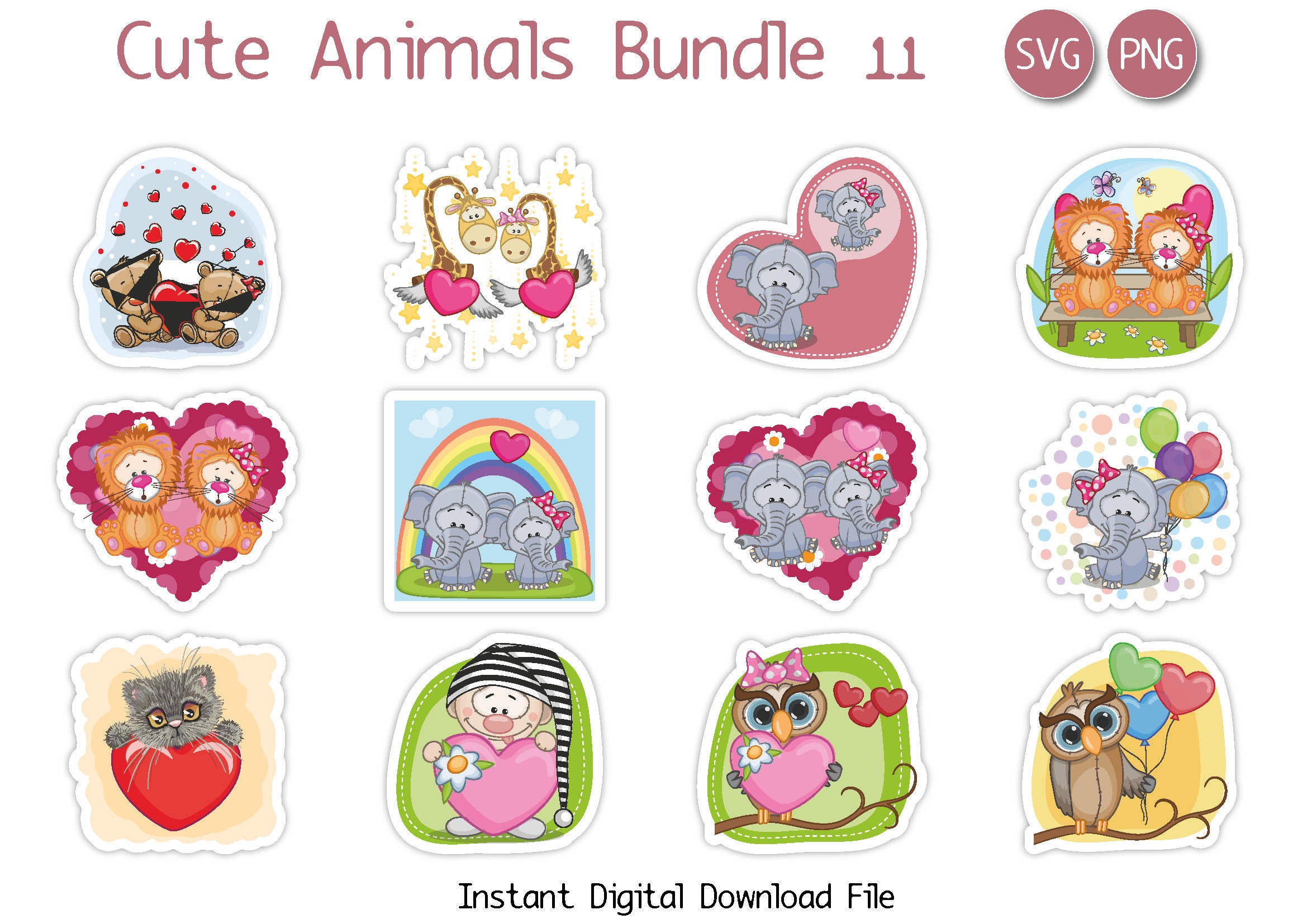 12 Svg Png Cute Animals Bundle Vector Digital Clipart Files - Etsy