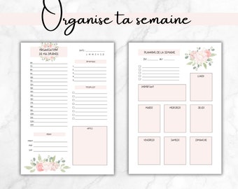 Planificateur hebdomadaire et quotidien fleurs rose, planning imprimable, organisation journée ,todolist, téléchargement digital, agenda