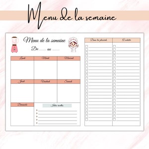 May include: A printable weekly meal planner with a pink blender illustration, a cartoon chef, and sections for "Menu de la semaine", "Dans les placards", and "A acheter".