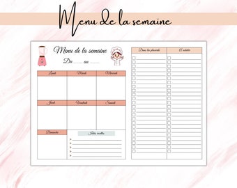 Menu de la semaine - imprimable - planification menu - pdf - téléchargement instantané - liste de courses - idée recette - planner repas