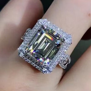 6.00 CT Double Halo Emerald Cut Moissanite Ring With Unique Pave Set, 14k White Gold Emerald Cut Anniversary Ring With 3 Side Diamond Pave.