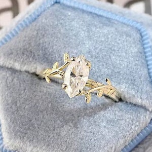 18K Yellow Gold Moissanite Engagement Ring: Twig Band, Leaf Engraved