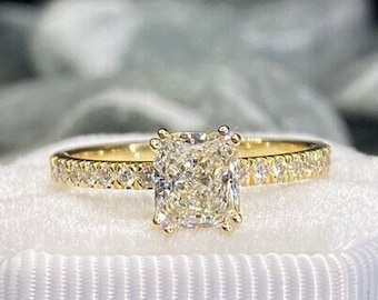 Anillo de diamantes de talla radiante de 1,00 quilates, oro amarillo, anillo de compromiso, anillo de boda, anillo de solitario, ajuste de pavé, anillo de aniversario