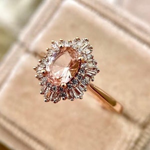 Vintage 14k roségouden perzikroze morganiet Starburst-verlovingsring, roségouden vermeilring, perzikroze ovaal geslepen verjaardagscadeauring.