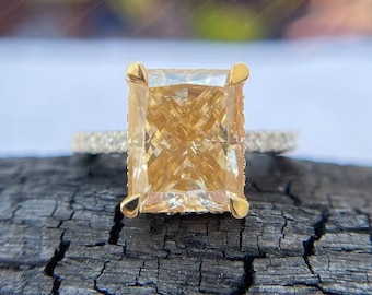 Canary Yellow Moissanite Engagement Ring: Ice Crush Radiant Cut, Hidden Halo