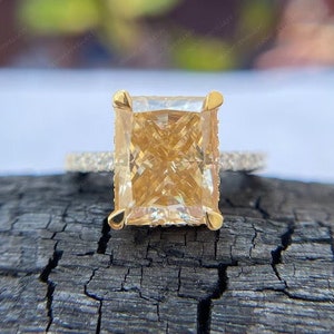 3.50 CT Canary Yellow Ice Crush Radiant Cut Hidden Halo Engagement Ring With Half Eternity Band, Yellow Radiant Cut Moissanite Wedding Ring.
