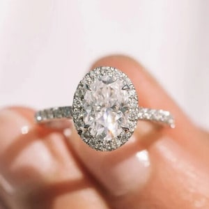 2.00 CT Oval Cut Halo Moissanite Engagement Ring, 14k Solid Gold Pave Set Side-Stone Handmade Oval Cut Moissanite Wedding Ring, Bridal Gift.