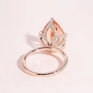 3.00CT Pear Cut Morganite Engagement Ring, 14K Solid Rose Gold Filigree Wedding Ring, Pear Cut Morganite Bridal Ring With 3/4 Eternity Band.