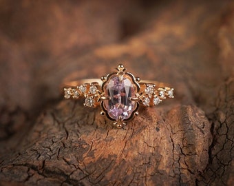 Vintage Alexandrite Engagement Ring, Unique 14k Solid Gold Diamond Ring, Moissanite Proposal Ring, Color Changing Wedding Ring, Dainty Ring