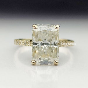 14k Solid Yellow Gold 12x8 MM Colorless Ice Crushed Hidden Halo Radiant Cut Moissanite Engagement Ring With Half Eternity Band, Wedding Gift