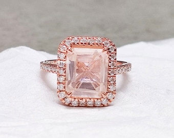 Emerald Cut Morganite Engagement Ring: 14k Rose Gold Halo, Full Eternity Band