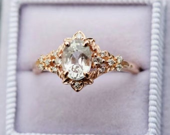Fairy White Sapphire and Diamond Oval Cut Engagement Ring in 14k Rose Gold, September Birthstone Ring, Art Nouveau Ring, Multi Stone Ring